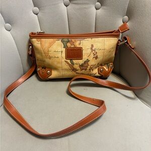 Elegant Tan and Brown Map Crossbody Bag
